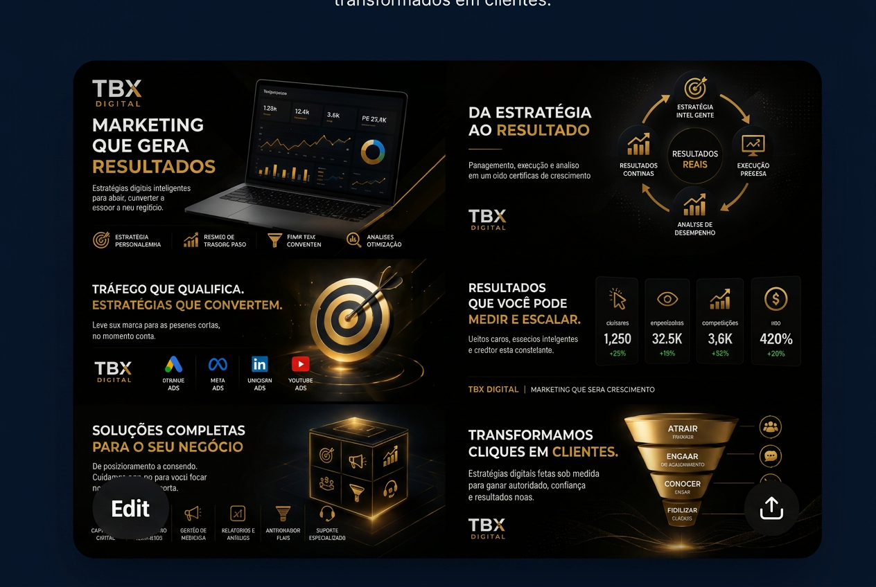 Criativos da TBX Digital sobre estratégia, tráfego qualificado, resultados mensuráveis e conversão de cliques em clientes
